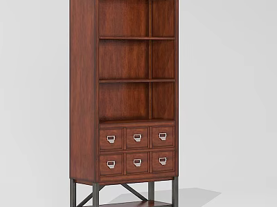 Dark Brown Wooden Bookcase With Open Shelves Six Drawers And Black Metal Legs 3d model