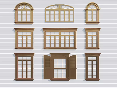 Classic Wooden Casement Windows Featuring Arched Tops And Paneled Designs In Various Styles 3d model