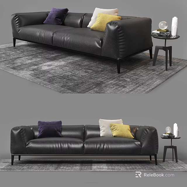 Black Leather Sofa With Colorful Pillows And Side Table On Gray Rug 3d model