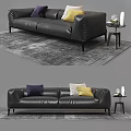 Black Leather Sofa With Colorful Pillows And Side Table On Gray Rug 3d model