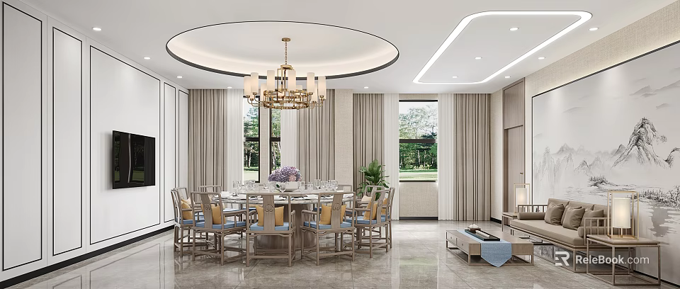 Elegant Modern Dining Box Interior With Round Table Chandelier Window View And Curtains 3d model