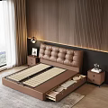 Modern Brown Tufted Headboard Double Bed With Wooden Accent Wall And LED Strip Lighting