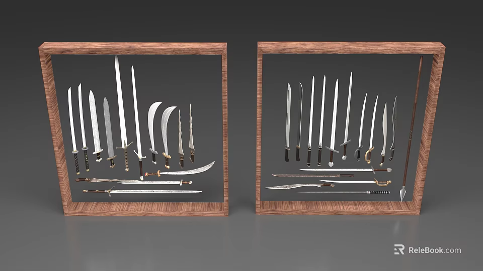 Various Bladed Weapons Showcased in Wooden Frames with Different Knife Types 3d model 