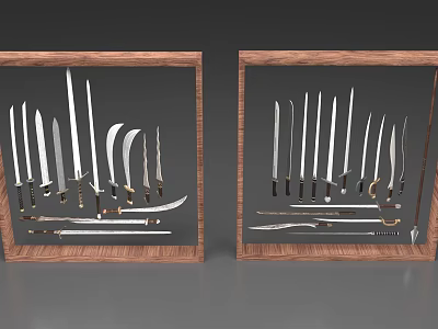 Various Bladed Weapons Showcased in Wooden Frames with Different Knife Types 3d model