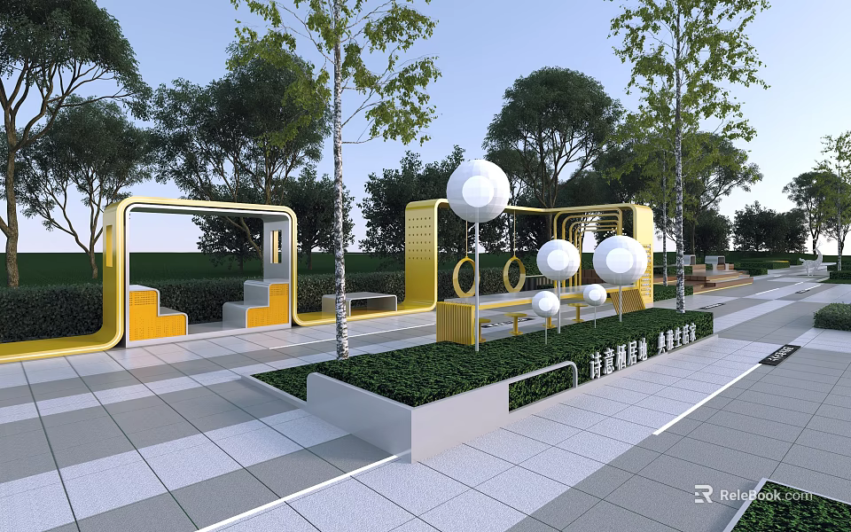 Outdoor Children's Playground Area With Yellow Structures 3d model 