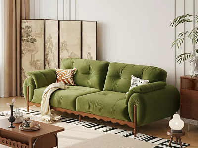 Green Velvet Double Sofa With Pillows Blanket Wooden Legs In Living Room With Decorative Screen 3d model