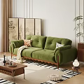 Green Velvet Double Sofa With Pillows Blanket Wooden Legs In Living Room With Decorative Screen