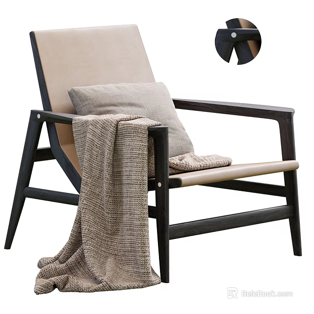 Modern Leisure Chair With Dark Wooden Frame Light Cushion Gray Pillow And Woven Blanket 3d model 