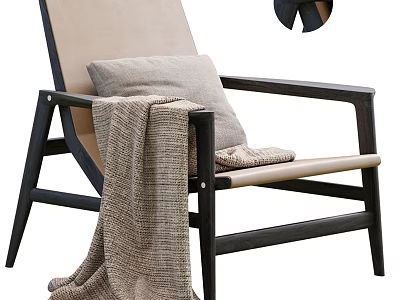Modern Leisure Chair With Dark Wooden Frame Light Cushion Gray Pillow And Woven Blanket 3d model
