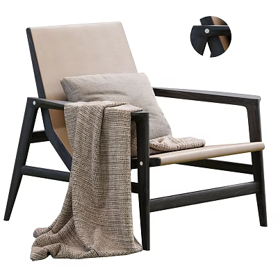 Modern Leisure Chair With Dark Wooden Frame Light Cushion Gray Pillow And Woven Blanket 3d model