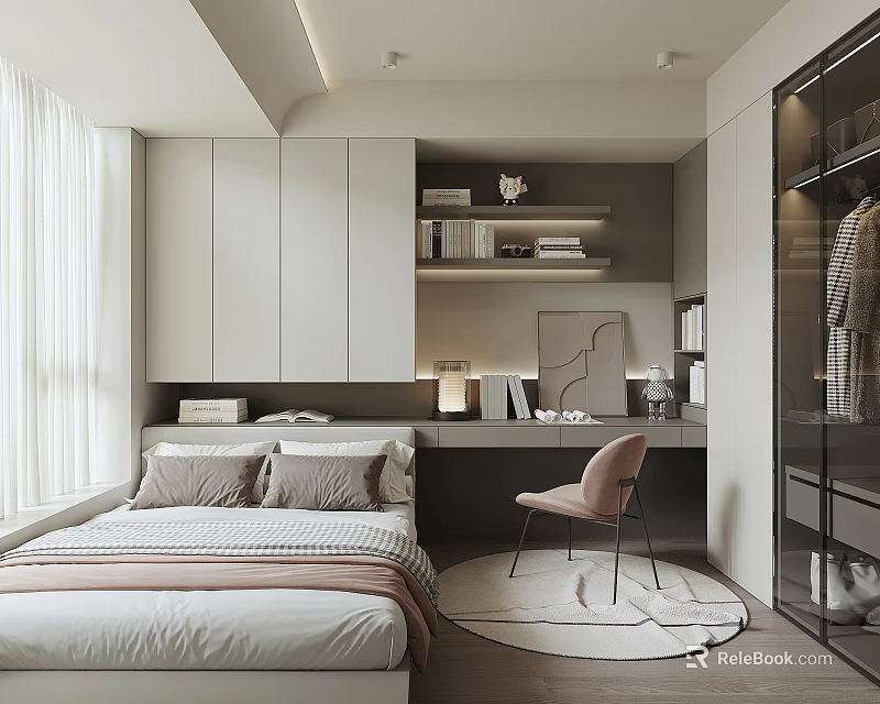 Modern Tatami Bedroom Interior With Built in Wardrobe Desk Chair And Curtains 3d model 