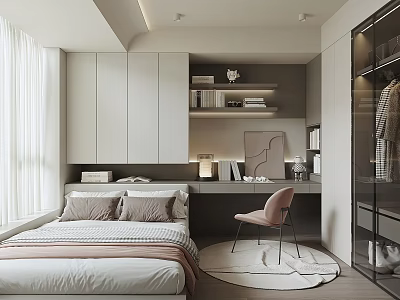 Modern Tatami Bedroom Interior With Built in Wardrobe Desk Chair And Curtains 3d model
