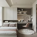 Modern Tatami Bedroom Interior With Built in Wardrobe Desk Chair And Curtains