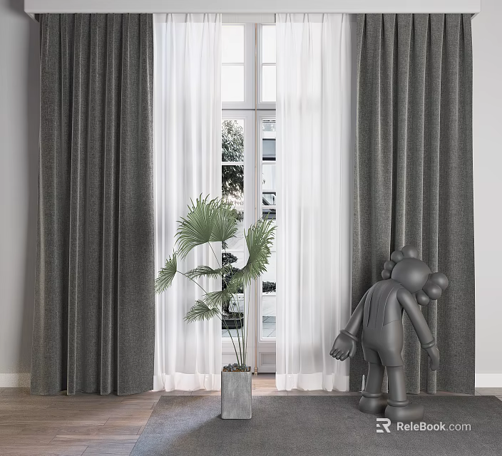Elegant Dark Gray Curtains With White Sheer By Window And Green Plant Gray Sculpture 3d model 