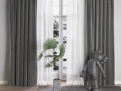 Elegant Dark Gray Curtains With White Sheer By Window And Green Plant Gray Sculpture 3d model