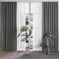 Elegant Dark Gray Curtains With White Sheer By Window And Green Plant Gray Sculpture