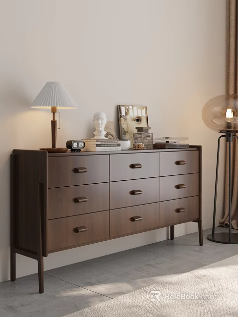 Modern Wooden Entryway Console Table With Drawers Lamp Books Photo Frame And Statue 3d model 