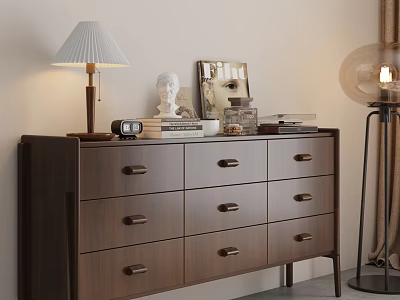 Modern Wooden Entryway Console Table With Drawers Lamp Books Photo Frame And Statue 3d model
