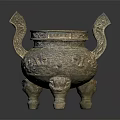 Ancient Bronze Tripod Cauldron With Intricate Carvings Decorative Handles And Three Legs