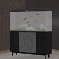 Modern Aquarium with Colorful Fish Aquatic Plants and Rocks on Stylish Geometric Pattern Stand