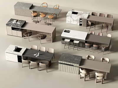 Various Modern Kitchen Island Counter Designs With Chairs And Cabinet Surfaces 3d model