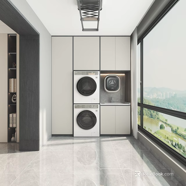 Home Balcony With Washing Machine And Dryer Storage Cabinets Large Windows And Scenic View 3d model 