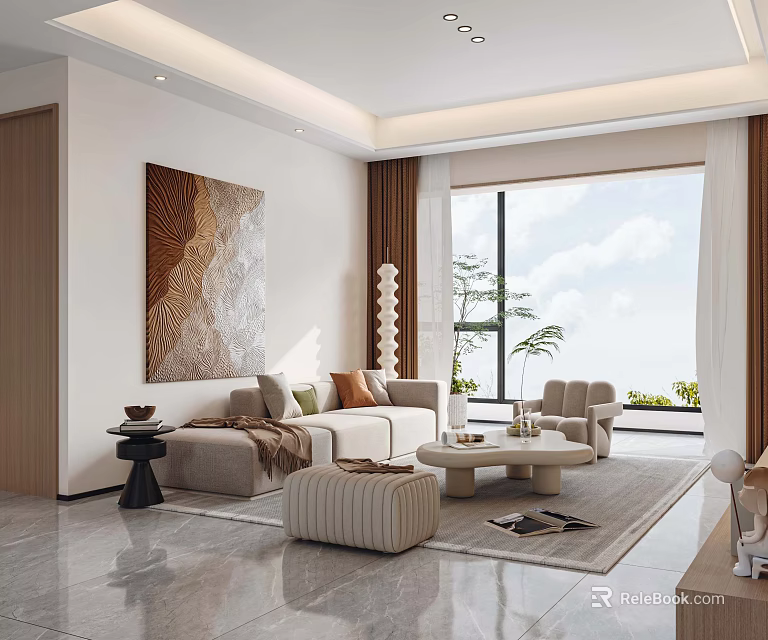 Modern Living Dining Room Interior With Sofa Coffee Table Artwork And Large Window 3d model