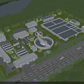 Modern Industrial Plant Surrounded by Lush Greenery Near River and Adjacent Road With Multiple Buildings