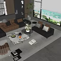 Modern Living Room Interior With Black Brown Leather Sofas And Marble Coffee Table 3d model
