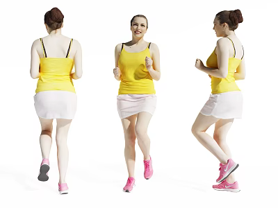 Active Woman in Yellow Tank Top and White Skirt Running in Different Angles 3d model