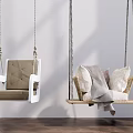 Hanging Swing Chairs Indoor Upholstered and Rattan Design with Cushions Blanket White Wall Wooden Floor