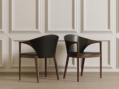 Stylish Black Dining Chairs With Curved Backrest And Wooden Legs Against Paneled Walls And Floor 3d model