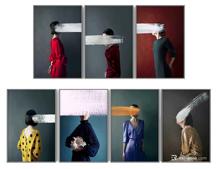 Modern Art Portraits of Women With White Obscured Faces and Colored Dresses 3d model 