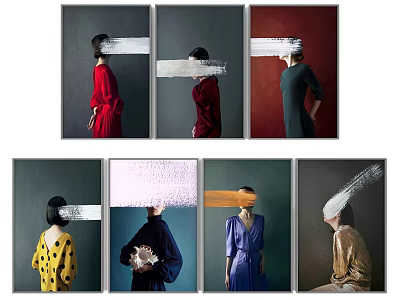 Modern Art Portraits of Women With White Obscured Faces and Colored Dresses 3d model