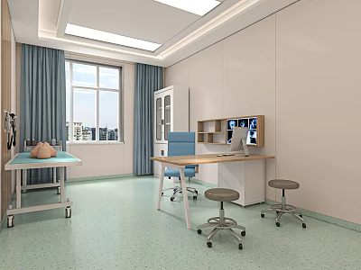 Medical Examination Room Interior With Blue Curtains Window Desk Blue Chair And Medical Cart 3d model