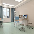 Medical Examination Room Interior With Blue Curtains Window Desk Blue Chair And Medical Cart