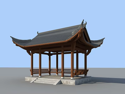 Traditional Chinese Wooden Pavilion with Curved Black Tiled Roof Ornate Columns and Stone Base Benches 3d model