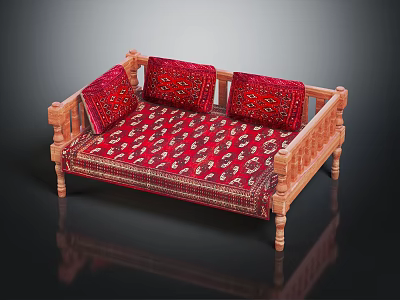 Traditional Wooden Sofa With Red Patterned Cushions Ornate Armrests And Carved Legs 3d model