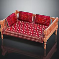 Traditional Wooden Sofa With Red Patterned Cushions Ornate Armrests And Carved Legs