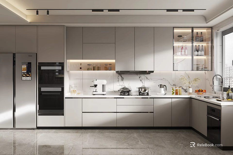 Modern Kitchen Interior Design With Gray Cabinets Stainless Steel Appliances And Glass Door Cabinets 3d model 
