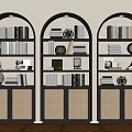 Elegant Arched Bookshelves With Multiple Shelves Decorative Items And Woven Cabinet Doors
