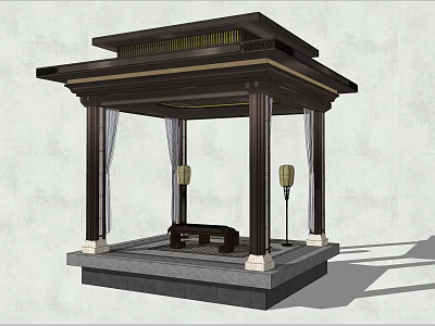 Traditional Chinese Pavilion Structure With Black Roof Columns Lanterns Bench And Stone Steps 3d model