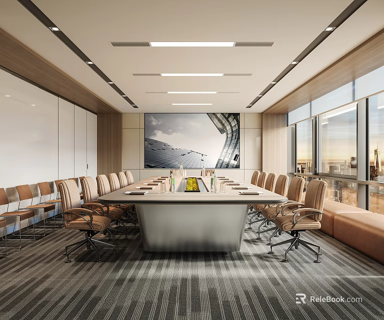 Modern Spacious Conference Room With Long Table Wheeled Chairs Large Windows And City View 3d model 