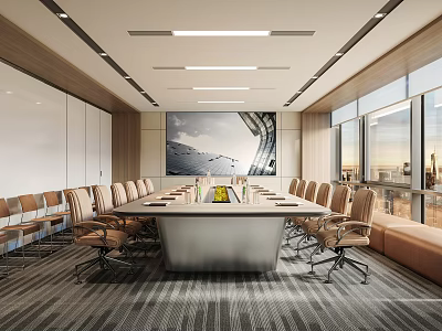 Modern Spacious Conference Room With Long Table Wheeled Chairs Large Windows And City View 3d model