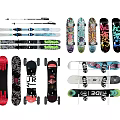Various Colorful Sports Equipment Including Skis Skateboards Snowboards And Longboards