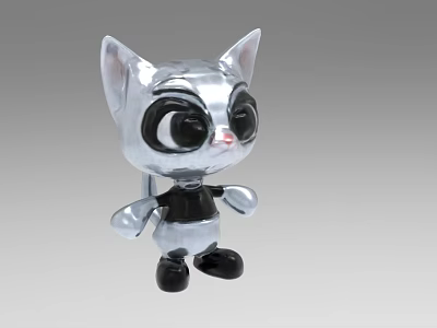 Silver Cartoon Cat Figurine Decor Set With Big Black Eyes And Black Paws 3d model