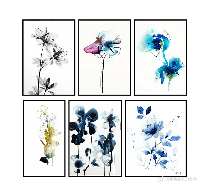 Botanical Paintings With Various Watercolor Floral Artworks In Different Colors For Home Wall Decor 3d model 