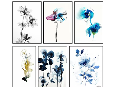 Botanical Paintings With Various Watercolor Floral Artworks In Different Colors For Home Wall Decor 3d model