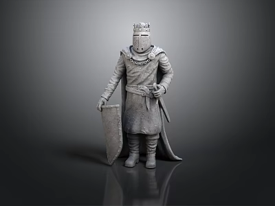 Medieval Knight Stone Statue With Helmet Armor Shield Sword And Cloak 3d model