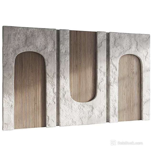 Modern Stone Textured Wall Decor With Three Panel Arch Shaped Wooden Stripes 3d model